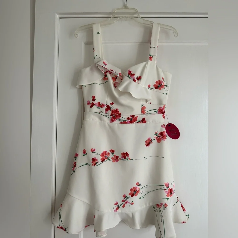 Black Halo Zalda White and Pink Floral Ruffle Mini Dress - Picture 4 of 7